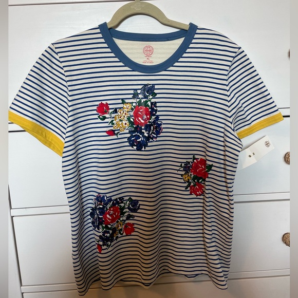 NWT Tory Burch Striped Floral Embroidered T-Shirt -Fresh Stripe Tea Rose - Picture 2 of 7